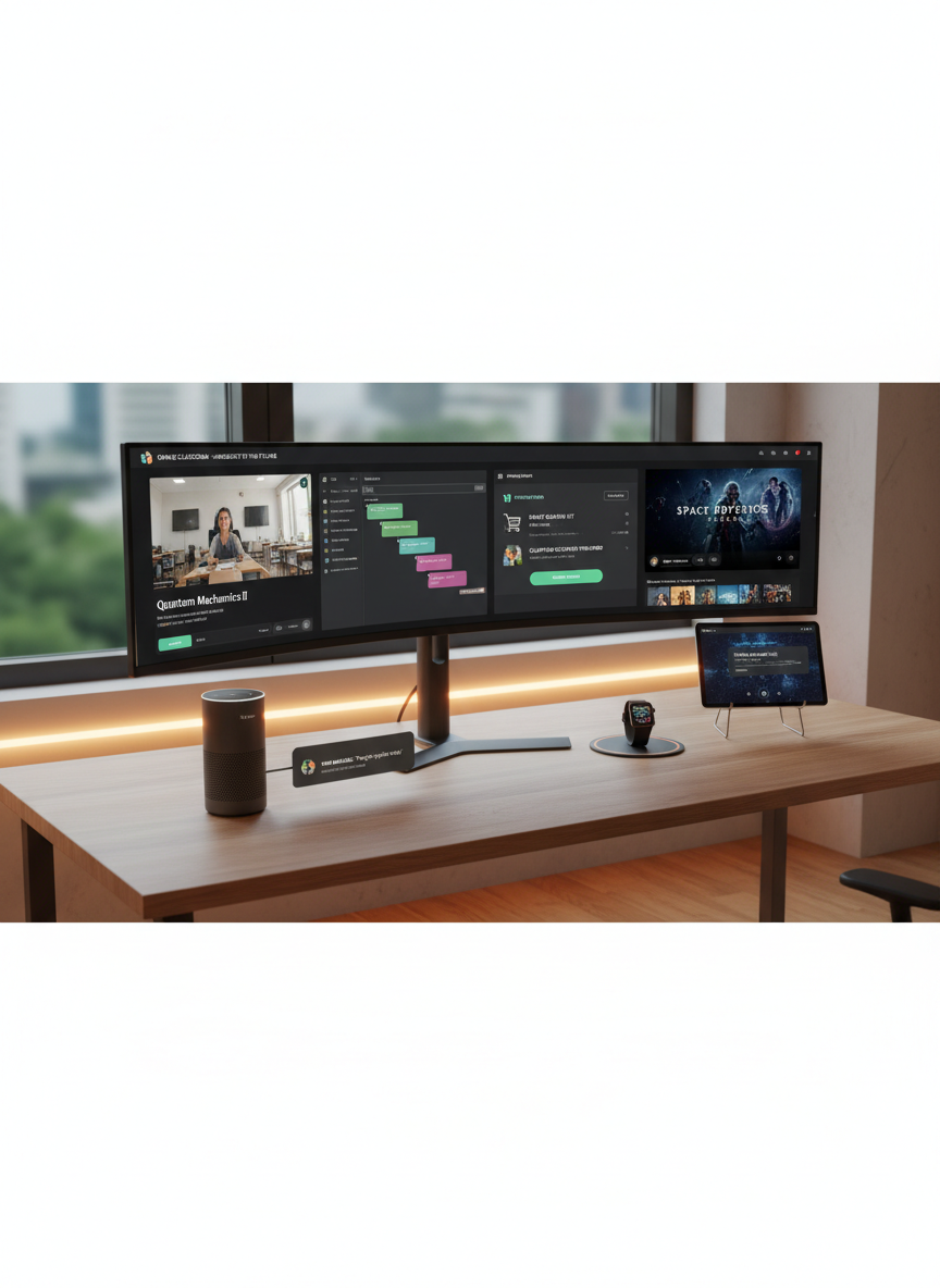 A wide panoramic view of a smart home workspace dominated by a large, ultra-wide curved monitor on a natural wood desk. On the monitor, multiple browser windows are open: an online classroom platform, a project management web app, an e-commerce checkout, and a video streaming site, neatly arranged side by side. A slim smart speaker, a smartwatch on a wireless charger, and a tablet resting on a stand all display synchronized web notifications. Warm, indirect LED strip lighting under the desk and behind the monitor creates a subtle halo effect, complemented by soft ambient room light. Photographic realism, shot from a slightly elevated angle with sharp focus throughout, conveying a calm yet highly connected atmosphere where web pages support studying, working, shopping, and entertainment in 2026.