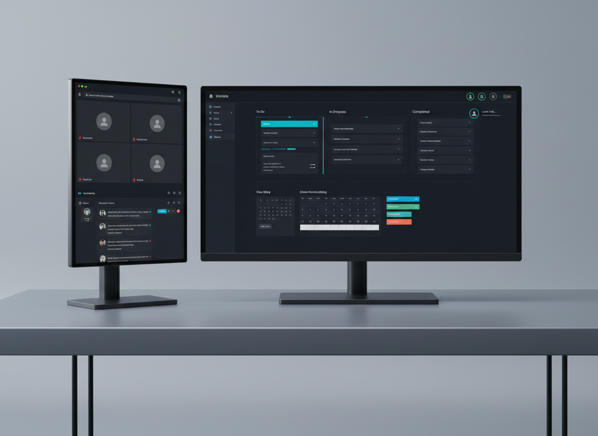 An elegant dark-mode productivity web app fills the screen of a frameless desktop monitor on a minimal grey desk. The interface shows kanban boards for tasks, an integrated calendar, and real-time collaboration indicators updating smoothly. To the side, a second vertical monitor displays a web-based video conference grid with cameras disabled, focusing entirely on interface elements and chat panels. Cool, even studio lighting illuminates the setup, accentuating the satin texture of the desk and the matte finish of the monitor casings. Photographic realism, eye-level view with a slight wide-angle lens, maintaining sharpness across both monitors. The mood is efficient, professional, and focused on remote work, reflecting how web pages form the backbone of distributed teams in 2026.
