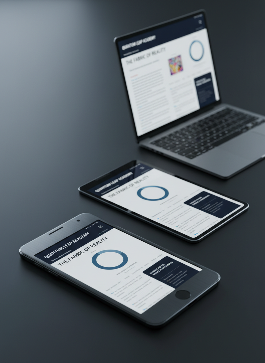 A close-up of three different devices arranged in a diagonal line on a matte black surface: a large 2026-era foldable smartphone partially open, a thin bezel-less tablet, and a lightweight laptop. Each screen shows the same responsive educational website adapting to different sizes, with crisp typography, interactive charts, and AI-powered recommendation panels. Cool, diffused studio lighting from above creates a clean, high-tech atmosphere, highlighting the smooth glass and metal textures while casting precise, soft shadows. Photographic realism with a shallow depth of field emphasizes the device in the foreground while the others fade into creamy bokeh. The mood is modern and innovative, illustrating how web pages seamlessly adjust across devices in contemporary digital life.