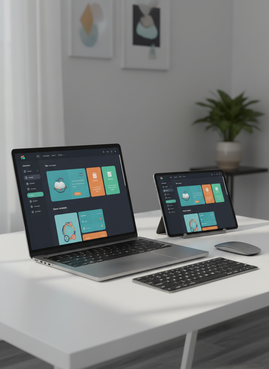 A sleek, ultra-thin laptop with a brushed aluminum finish sits open on a clean white desk, its high-resolution screen displaying a modern educational website dashboard with colorful analytics cards, course thumbnails, and navigation menus. Around it, there is a wireless keyboard, a minimalist mouse, and a slim tablet showing a synchronized web page layout. Soft daylight from an unseen window washes over the desk, creating gentle reflections on the metal surfaces and subtle shadows. Photographic realism, eye-level composition with a slight three-quarter angle, sharp focus on the screens and interface elements, with a softly blurred background of neutral walls and a potted plant. The mood is professional, organized, and forward-looking, conveying how web pages are central tools in daily life in 2026.